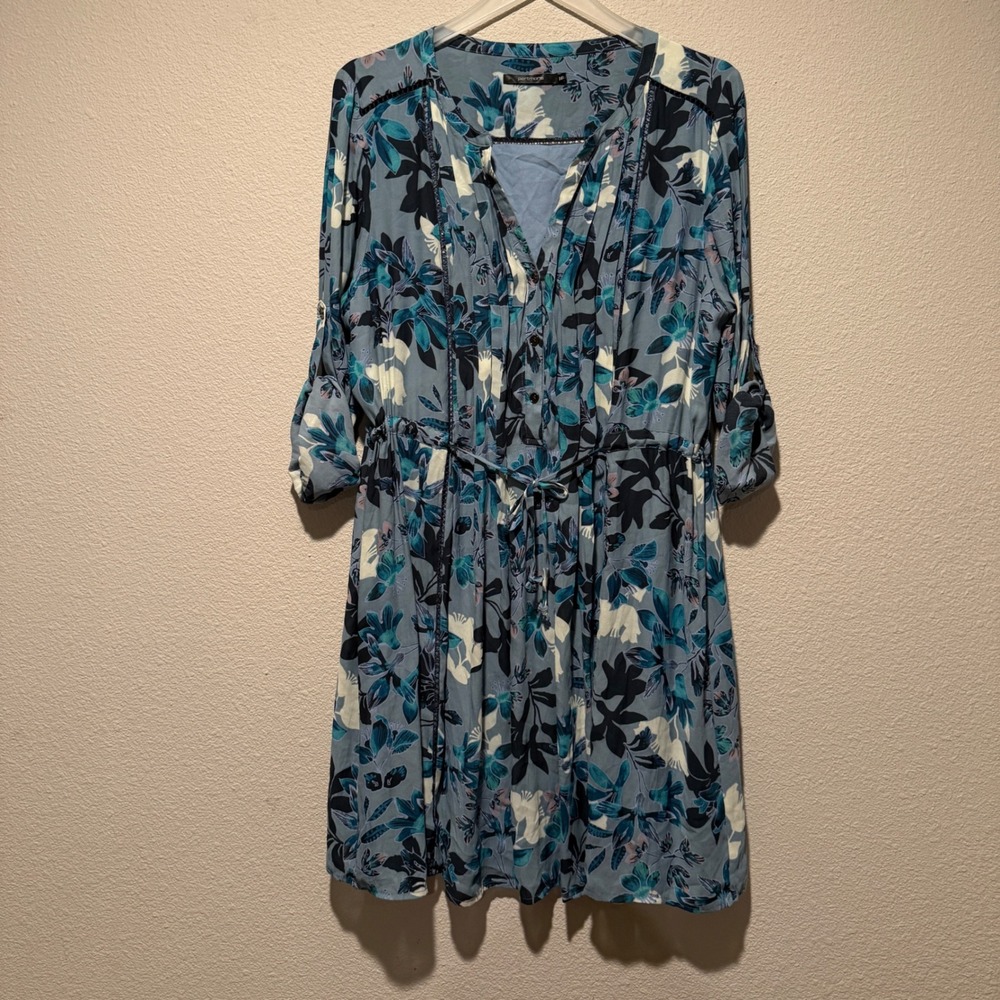 Portmans Blue‎ Floral Roll Tab Sleeve Mini Dress Size 16 Button Front Boho Teal